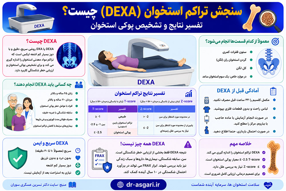 سنجش تراکم استخوان چیست؟ تفسیر DEXA و تشخیص پوکی استخوان