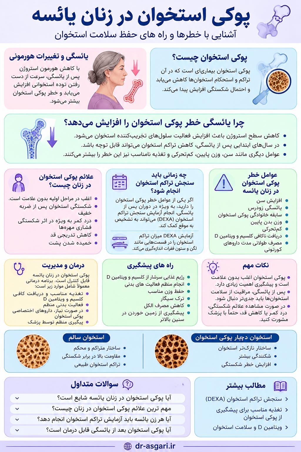 اینفوگرافیک پوکی استخوان در زنان یائسه و تاثیر کاهش استروژن بر تراکم استخوان